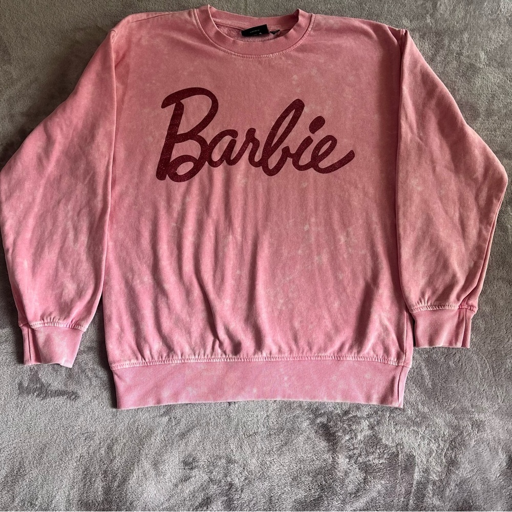 Barbie Pink Acid Wash Glitter Logo Crewneck Sweatshirt Womens Medium